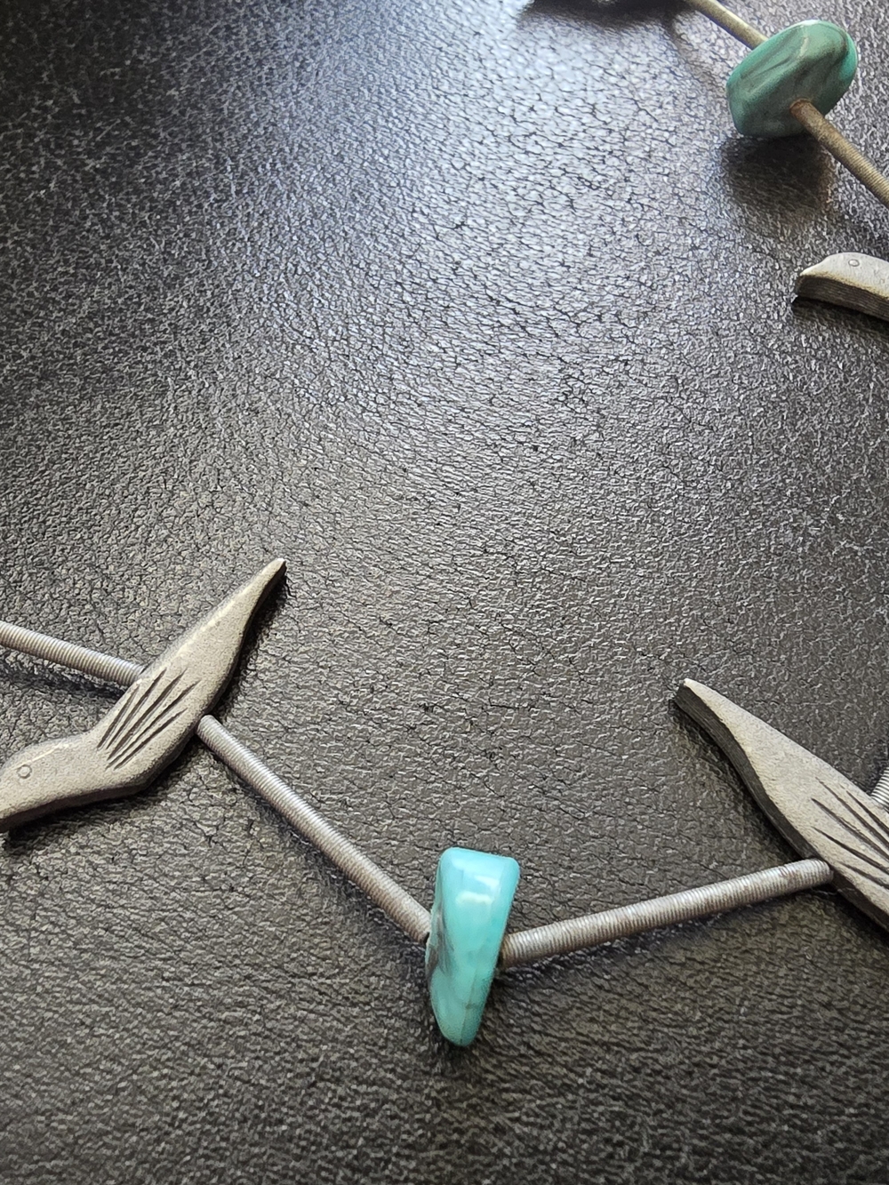 Vintage Southwestern Liquid Silver Style Bird Fetish Turquoise Necklace - Picture 4 of 5